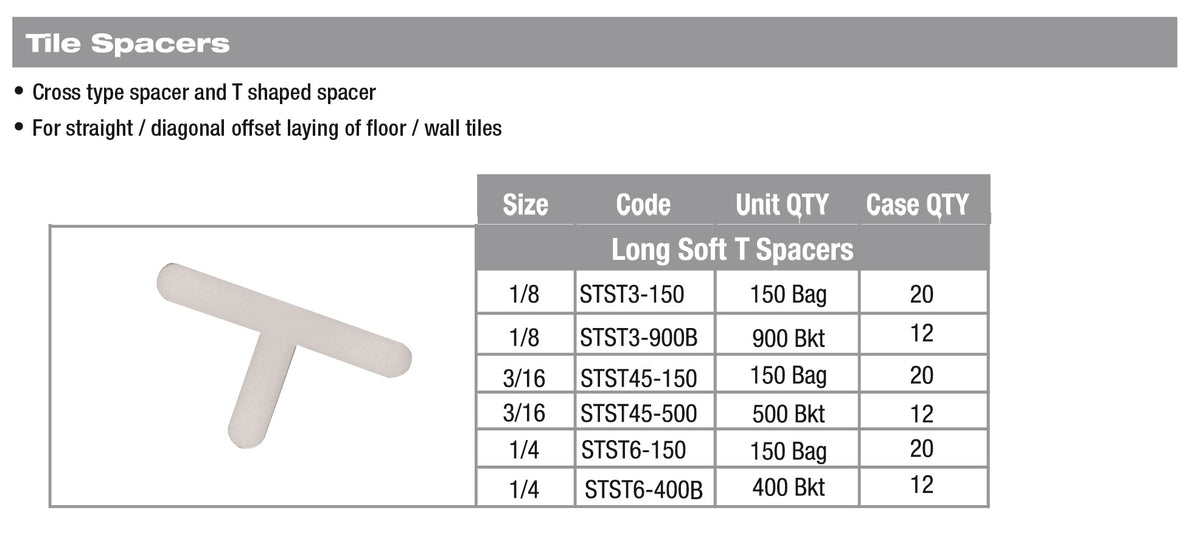 1/8" Long Soft T Style Tile Spacer, 900 pcs bucket