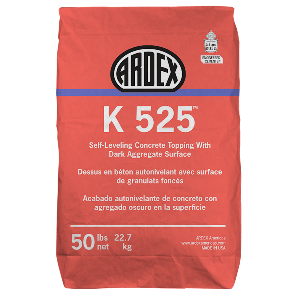 ARDEX K 525 self-leveling concrete topping with dark aggregate surface, 50 LB bag