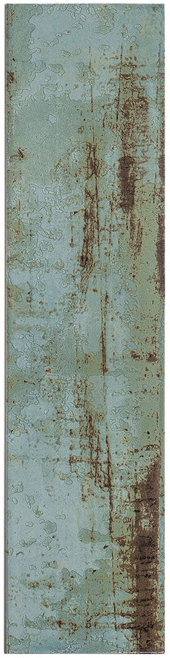 Andalusia Matte & Glossy glaze, sage green with rust patina streaking, as used on the 4x16 bullnose trim