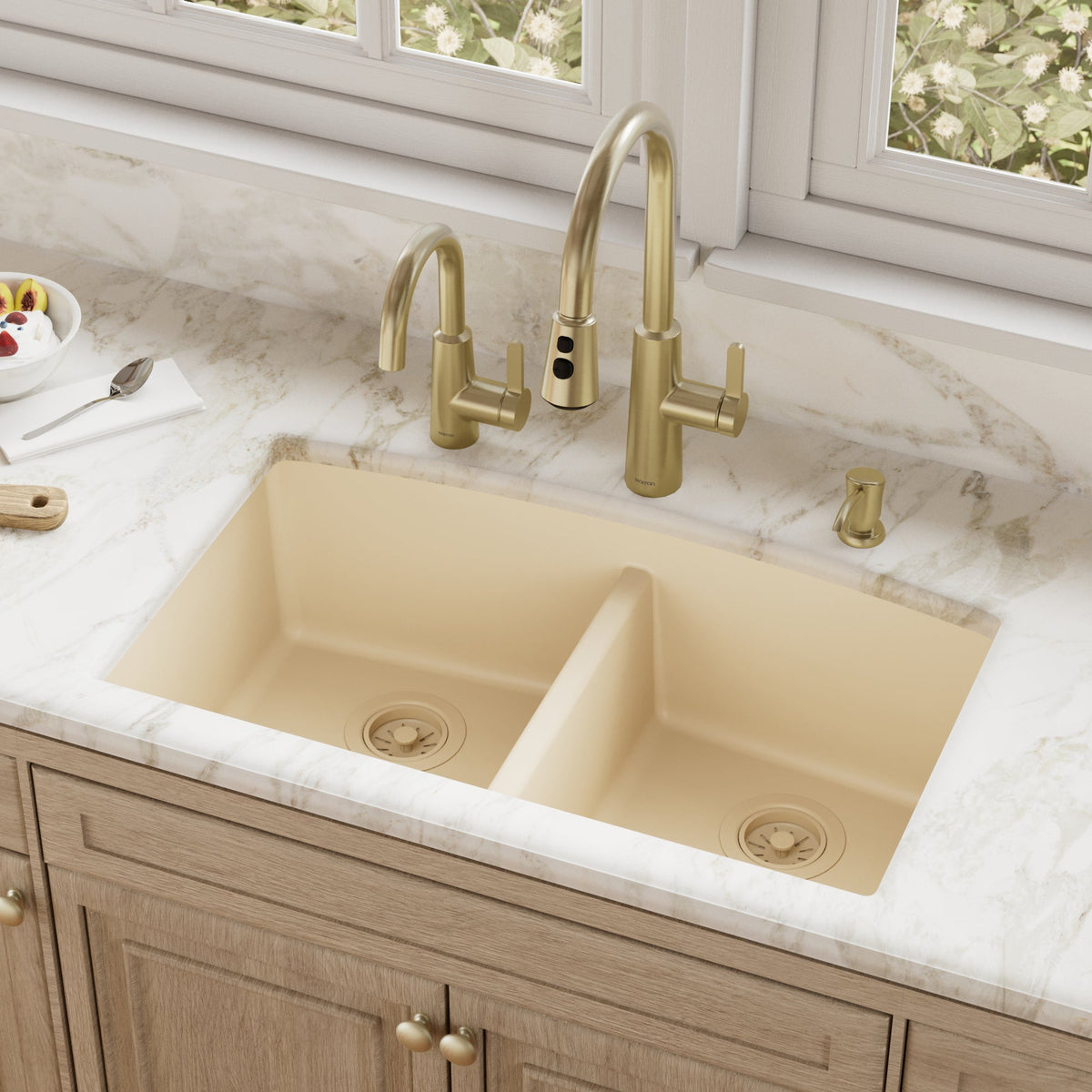 Bisque Double Equal Bowl Undermount Sink 32-1/2"