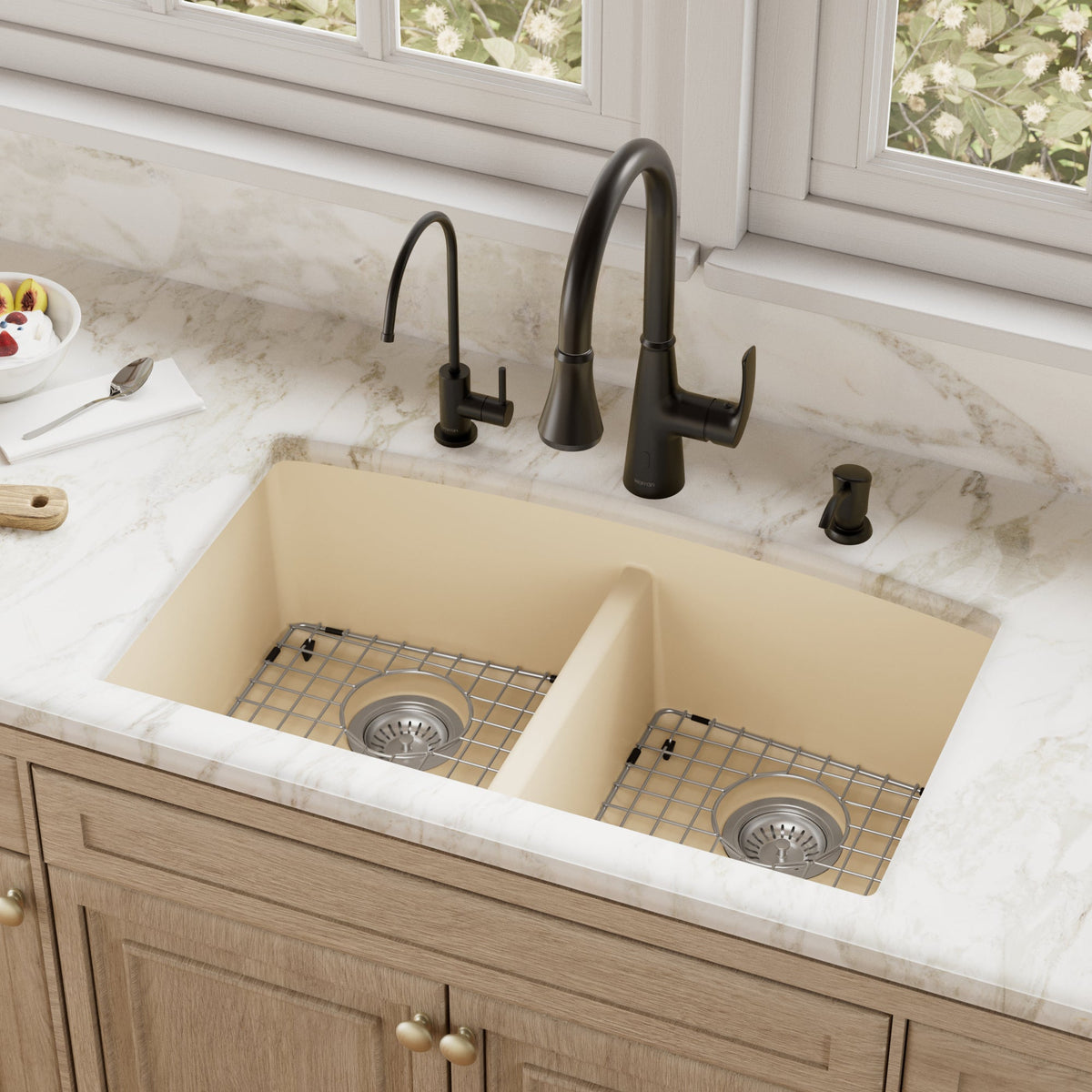 Bisque Double Equal Bowl Undermount Sink 32-1/2"