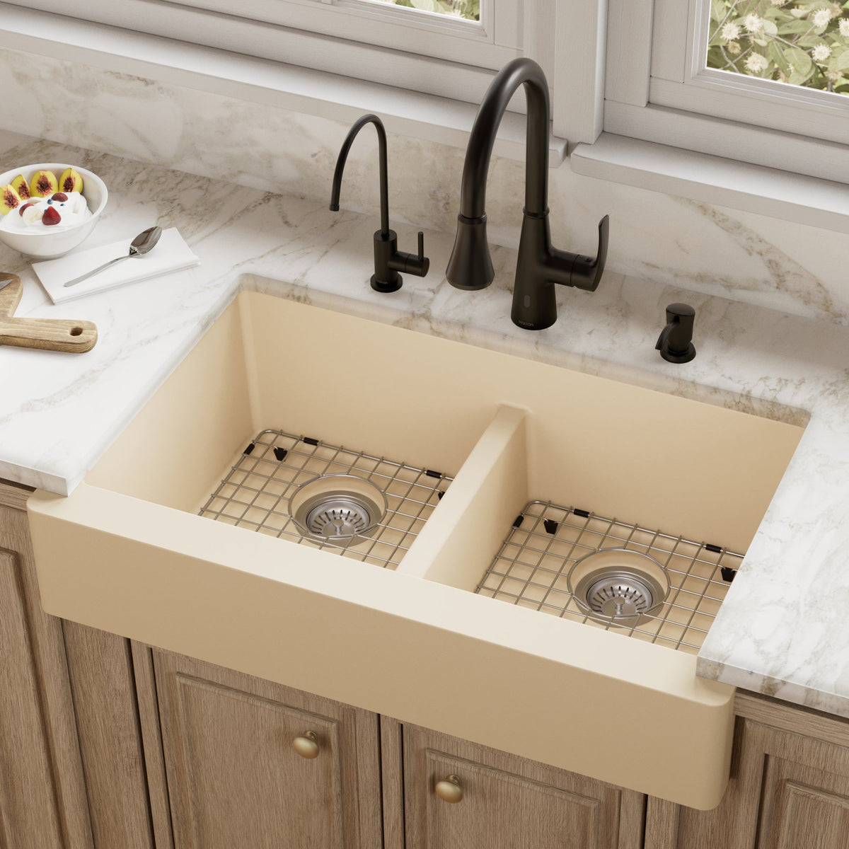 Bisque Retrofit Double Equal Bowl Farmhouse Sink 34"