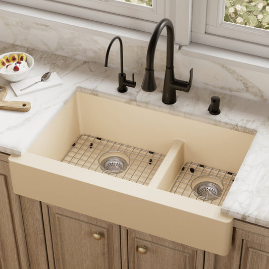 Bisque Retrofit Large/Small Bowl Farmhouse Sink 34"