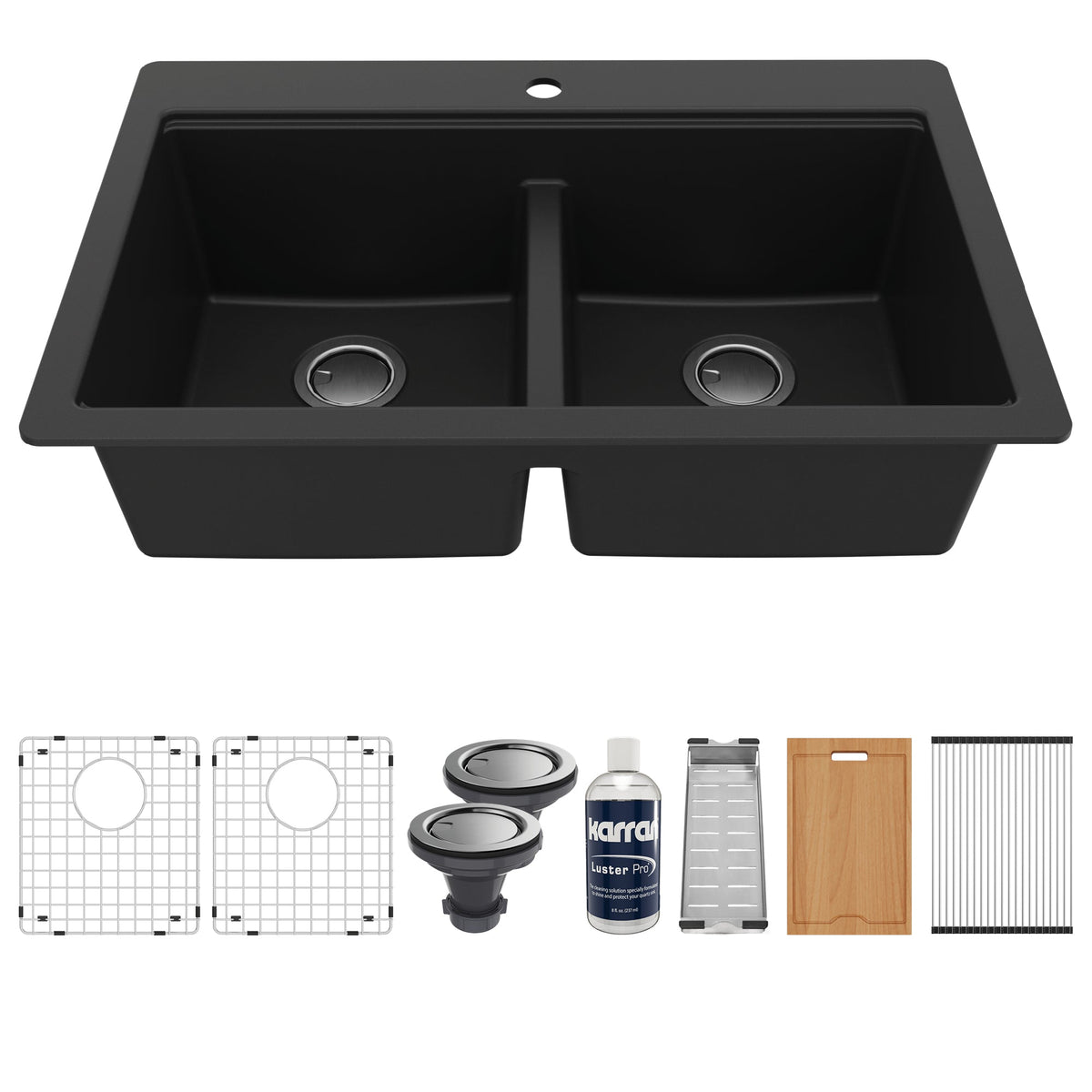 Black Double Equal Bowl Top Mount Workstation Sink 33"