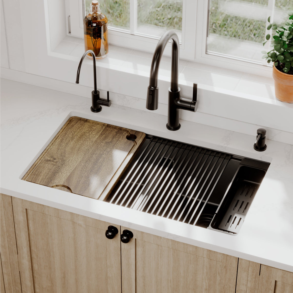 Black Double Equal Bowl Undermount Workstation Sink 32-1/2"
