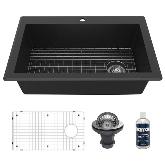 Black Large Single Bowl Top Mount Sink 33"