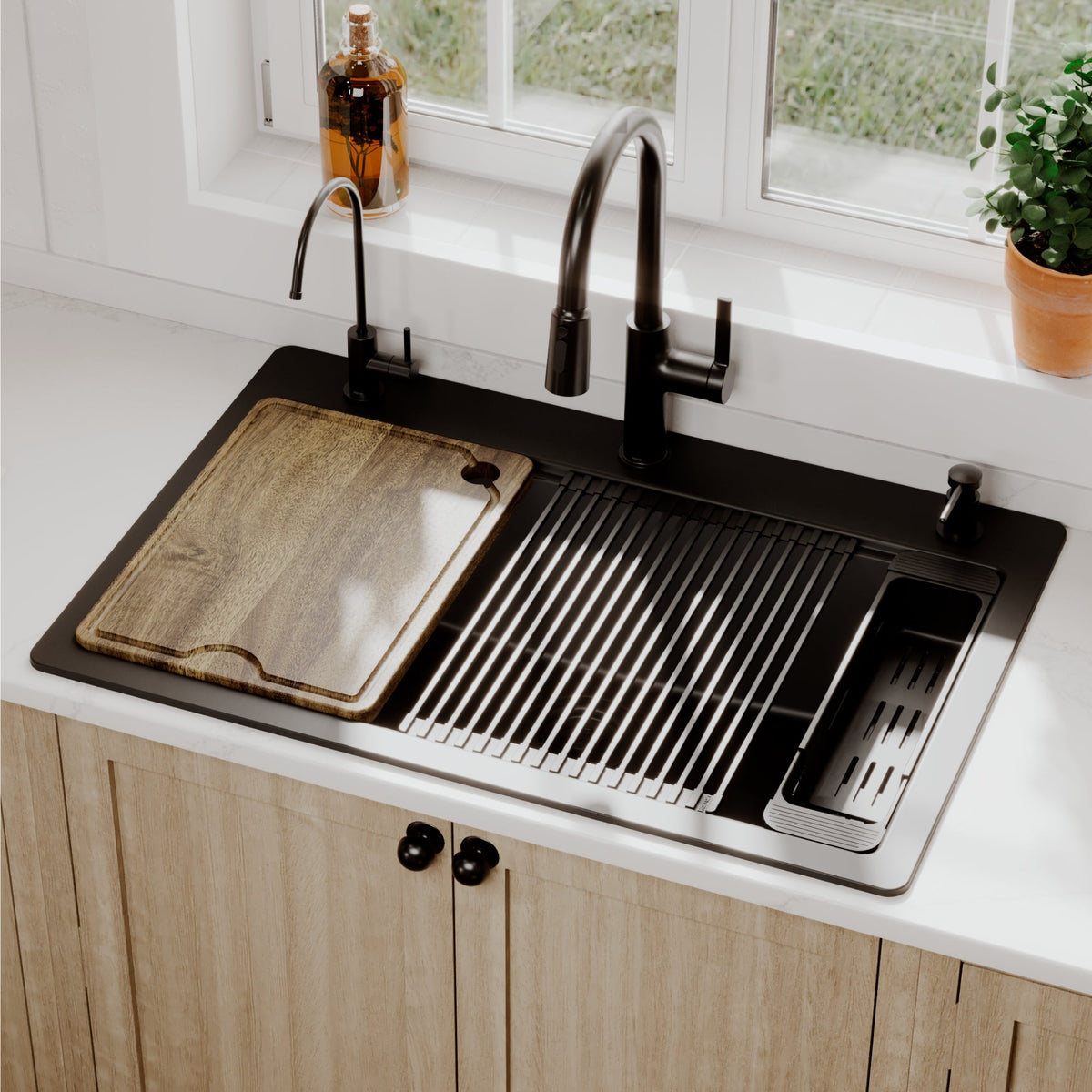 Black Large Single Bowl Top Mount Workstation Sink 33"