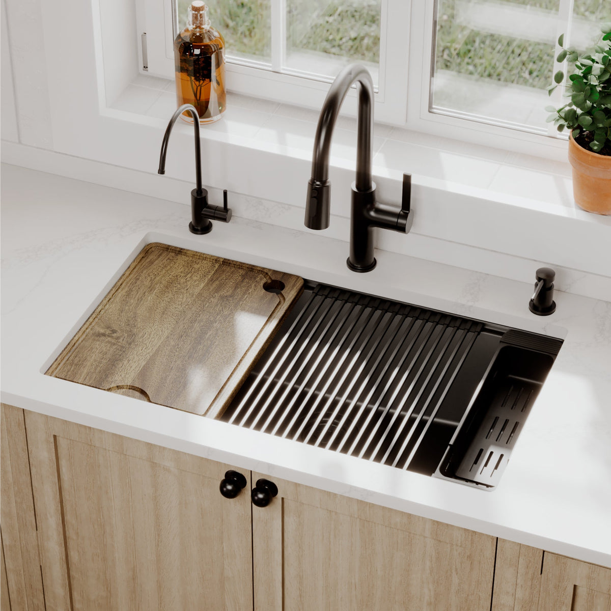 Black Large Single Bowl Undermount Workstation Sink 32-3/8"