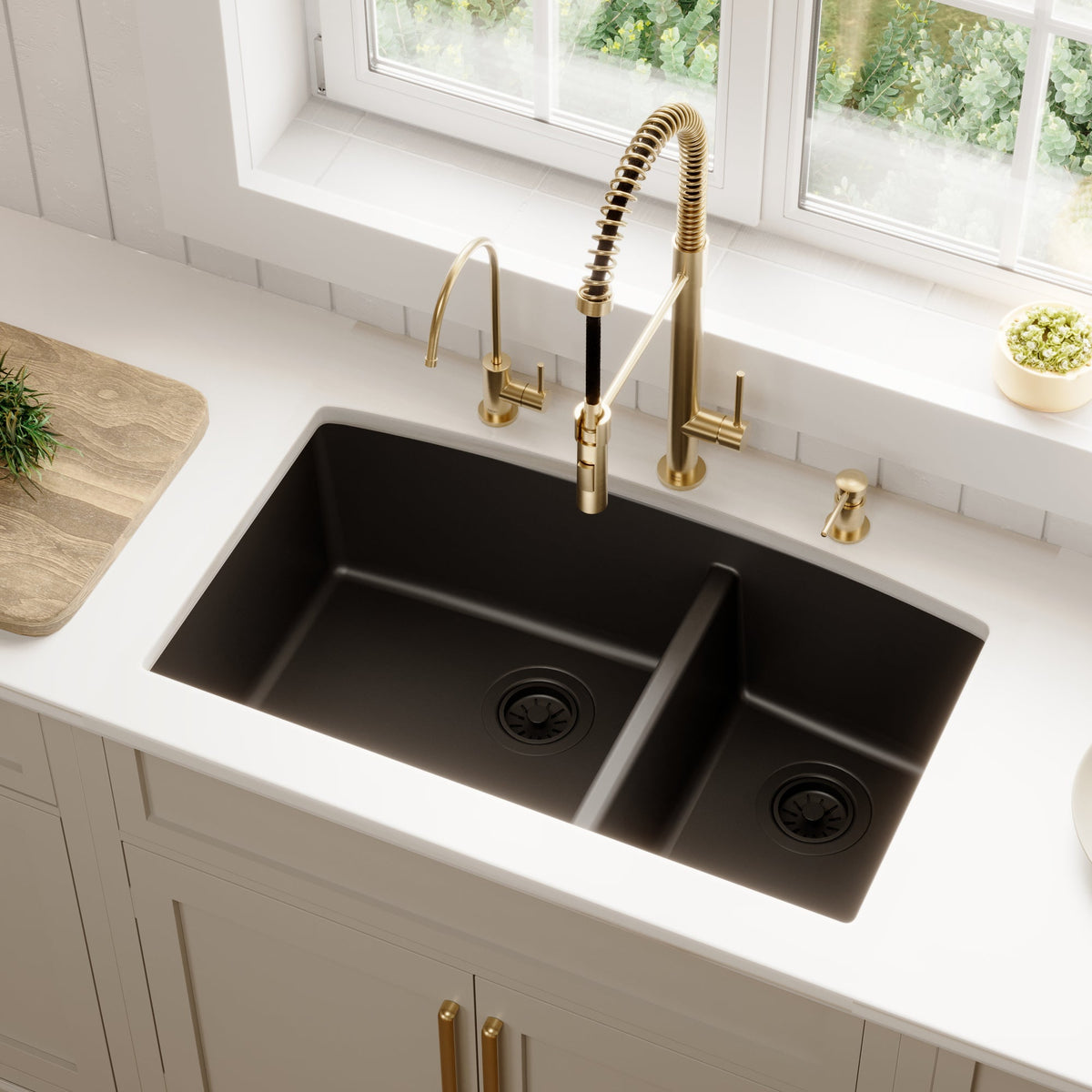 Black Large/Small Bowl Undermount Sink 32-1/2"