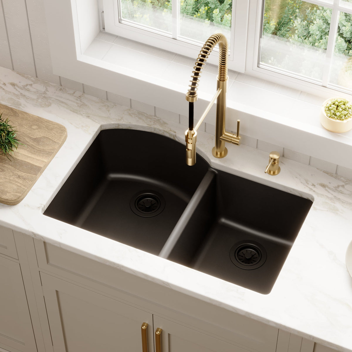 Black Large/Small Bowl Undermount Sink 32"