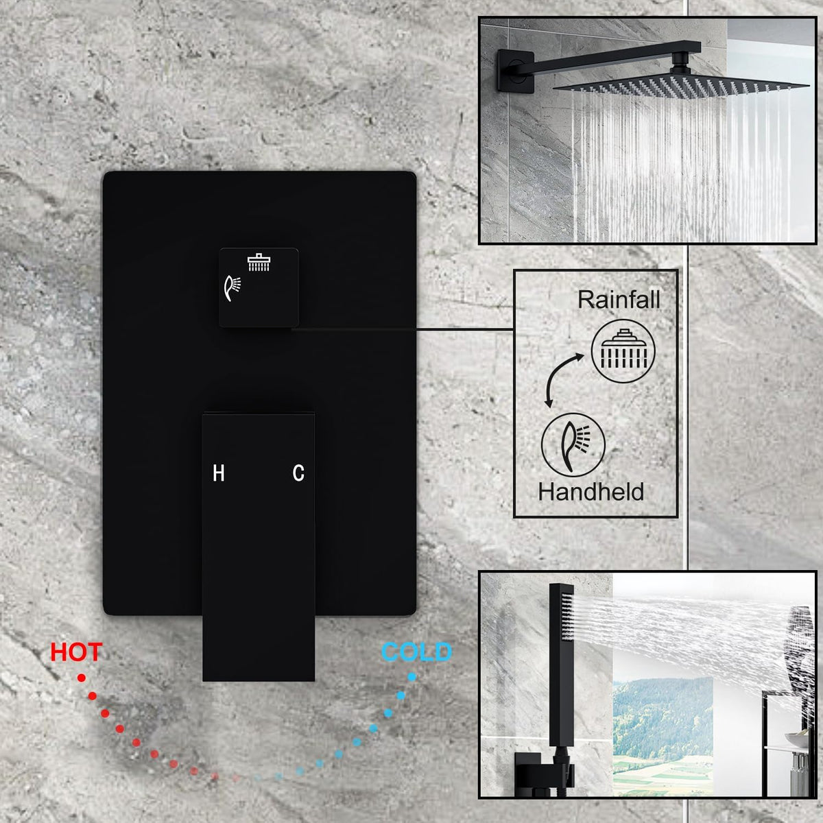 Black shower system with control panel and rain shower head on a gray stone background