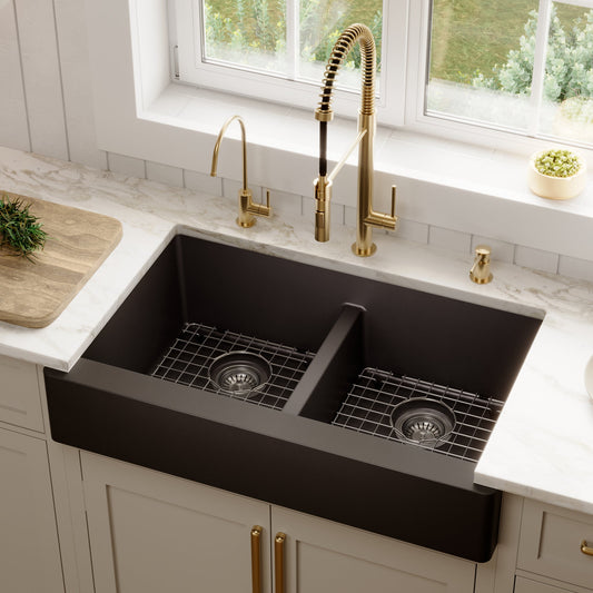 Black Retrofit Double Equal Bowl Farmhouse Sink 34"