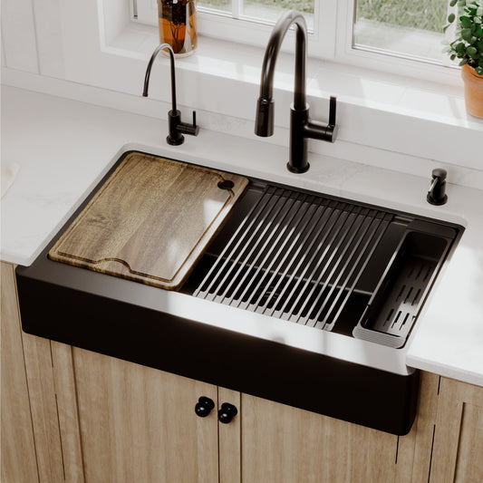 Black Retrofit Large Single Bowl Farmhouse Workstation Sink 34"