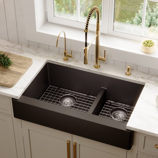 Black Retrofit Large/Small Bowl Farmhouse Sink 34"