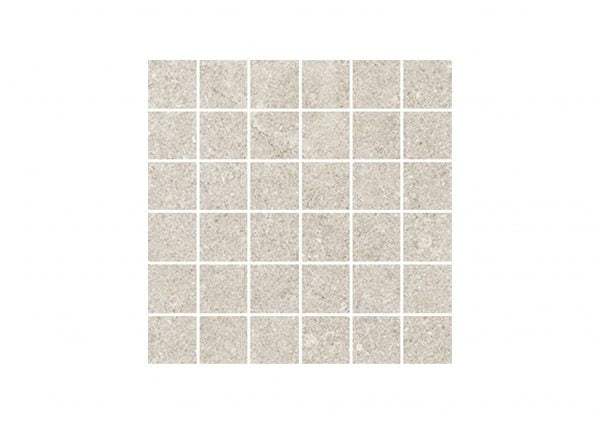A square mosaic tile sheet featuring light beige and gray stone-look square tiles arranged in a grid with thin white grout lines, shown against a plain white background.