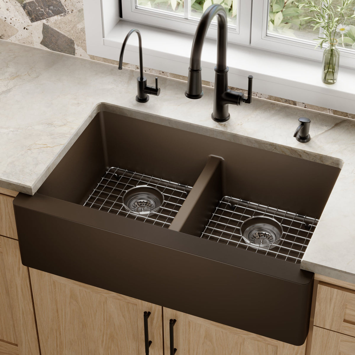 Brown Double Equal Bowl Farmhouse Sink 34"