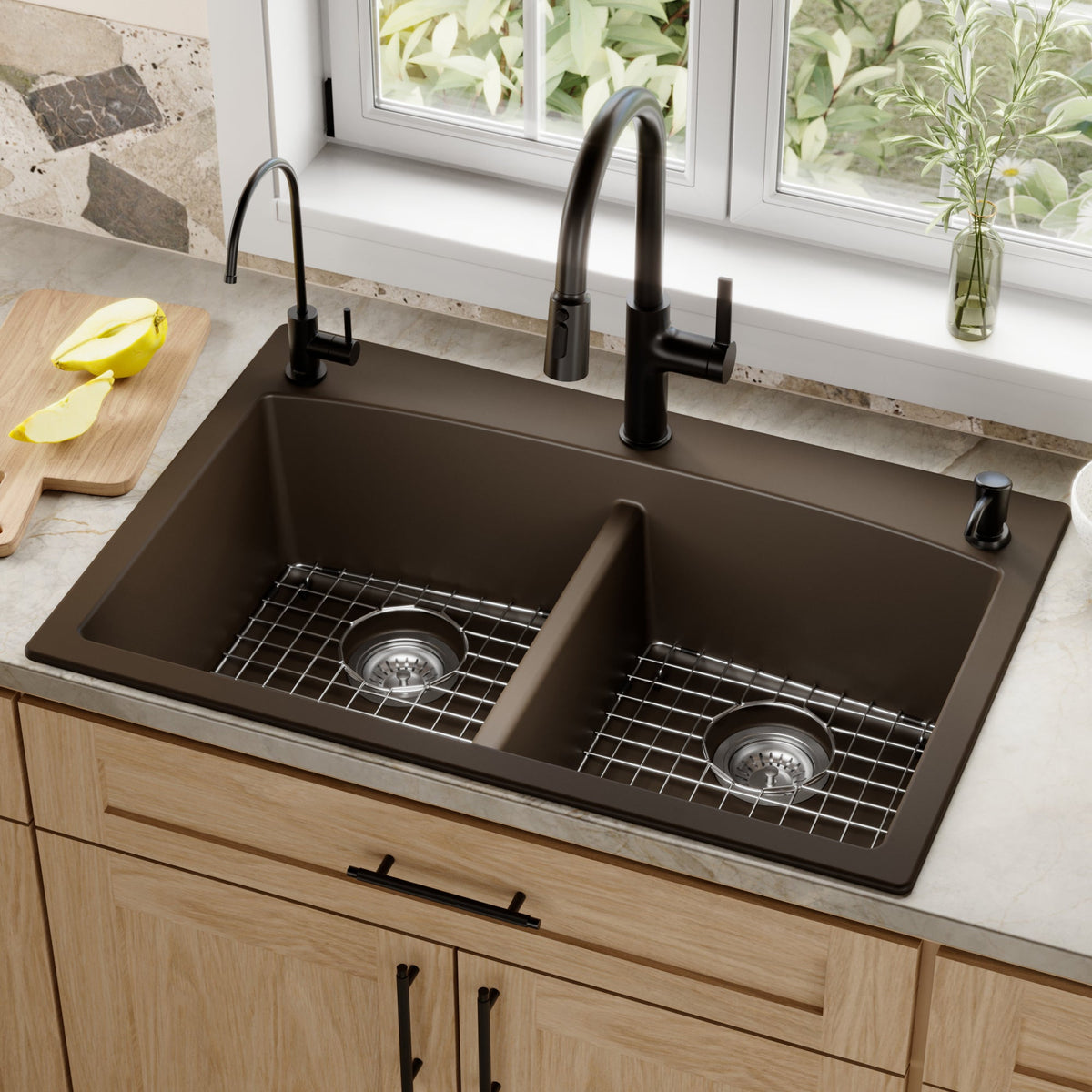 Brown Double Equal Bowl Top Mount Sink 33"