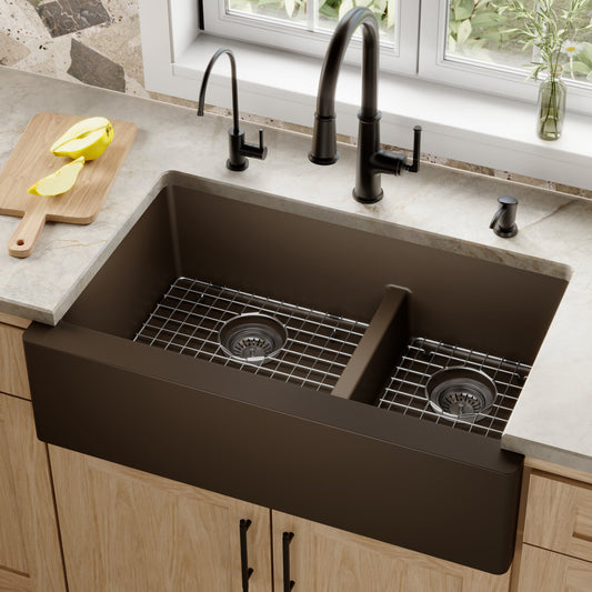 Brown Large/Small Bowl Farmhouse Sink 34"