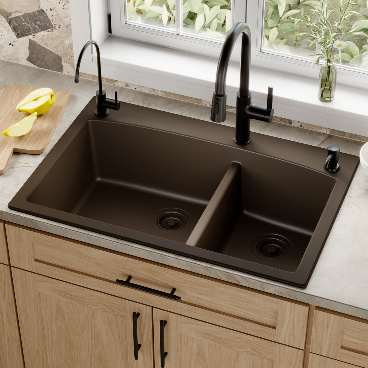 Brown Large/Small Bowl Top Mount Sink 33"