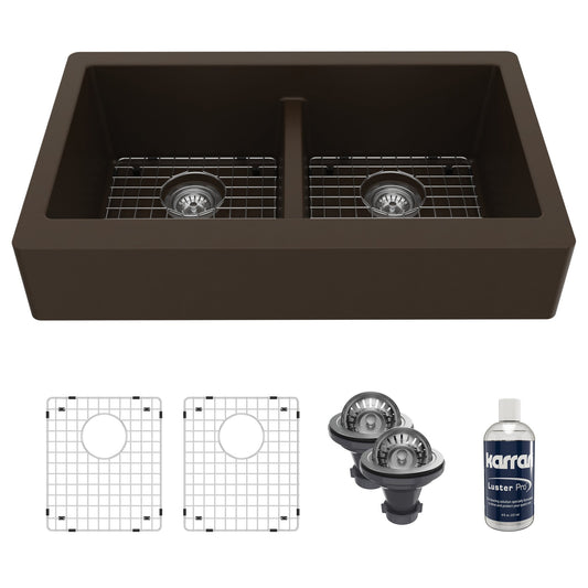 Brown Retrofit Double Equal Bowl Farmhouse Sink 34"