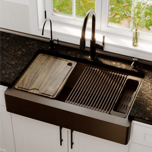 Brown Retrofit Large Single Bowl Farmhouse Workstation Sink 34"