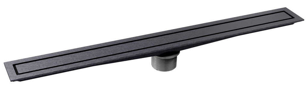 A long, narrow black linear drain with a textured finish and a cylindrical mounting base, shown on a plain white background.