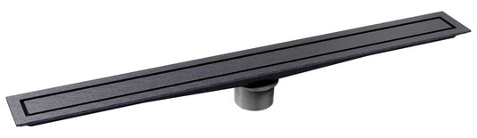 A long, narrow black linear drain with a textured finish and a cylindrical mounting base, shown on a plain white background.