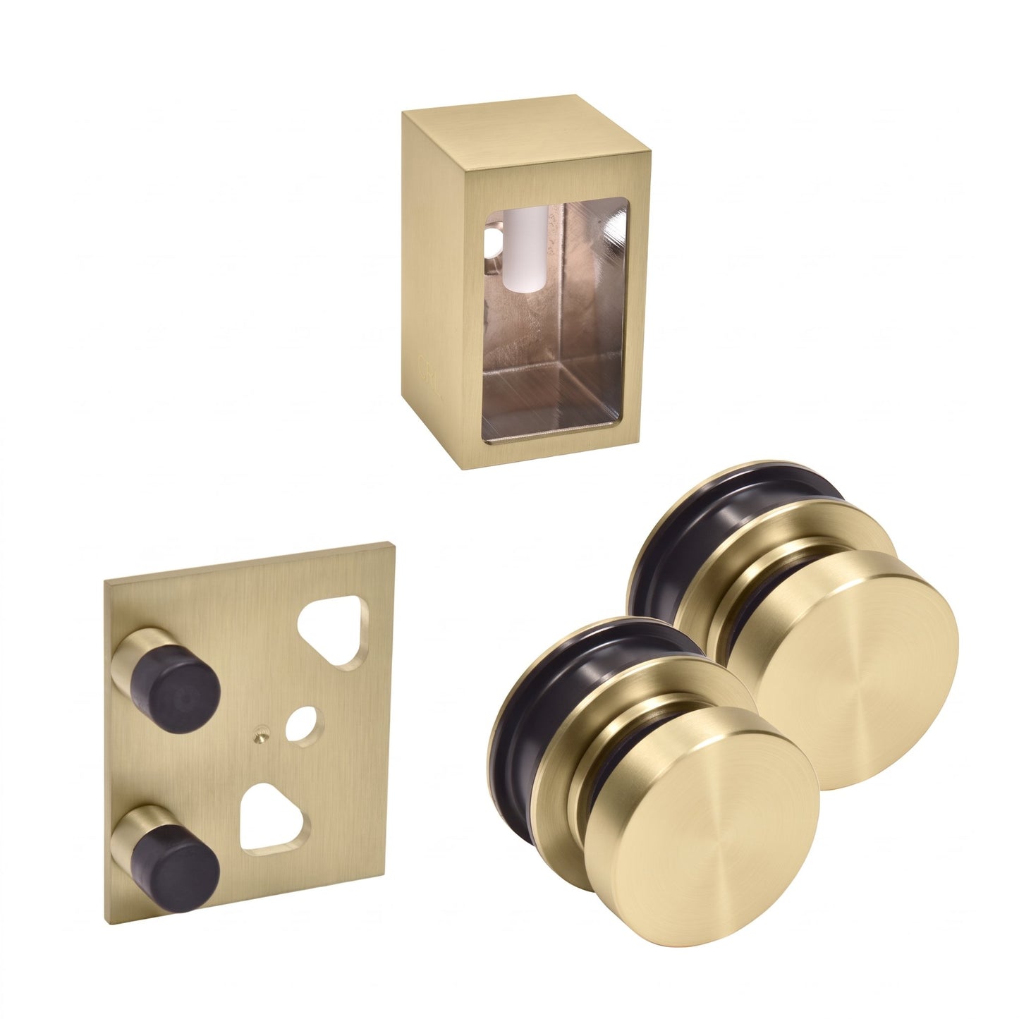 A set of brushed brass door hardware components, including a square wall-mounted frame, a square mounting plate with two black knobs, and two round pull knobs with black rings, shown on a plain white background.