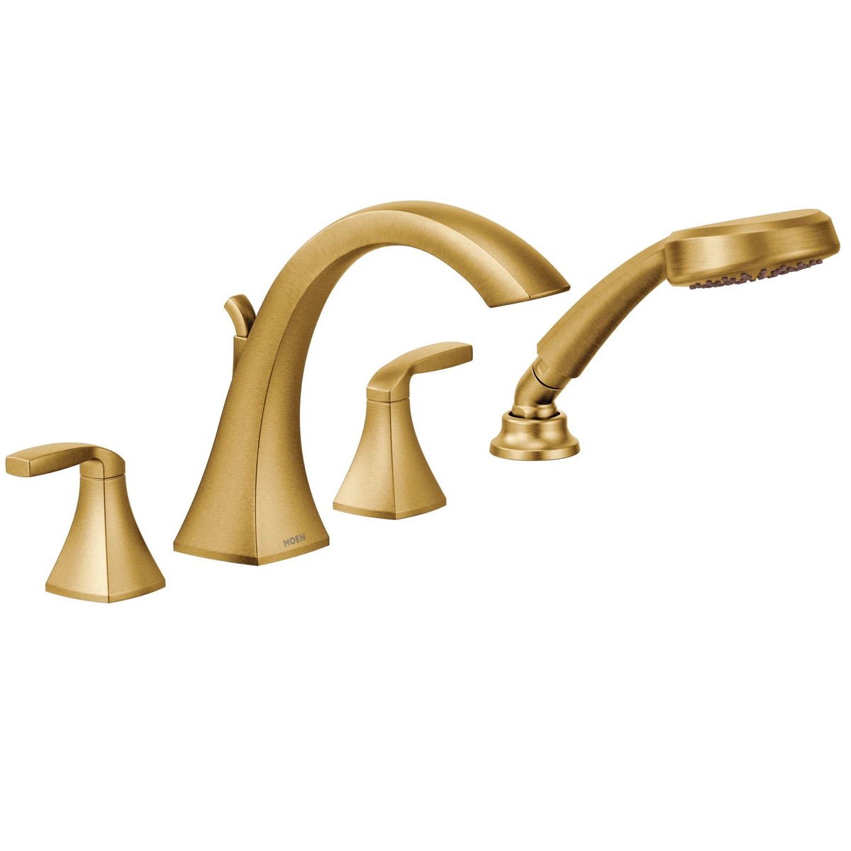 A three-hole bathroom faucet set in a brushed gold finish, featuring a high-arc spout, a pull-down shower head, and two separate lever handles, shown against a plain white background.