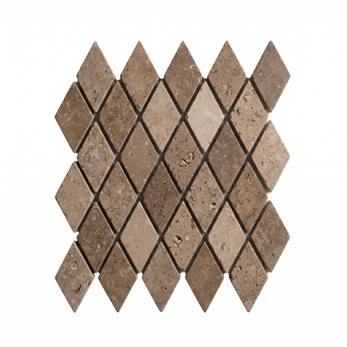 Diamond-shaped travertine mosaic tile sheet in warm brown and beige tones, arranged in a stacked diamond pattern on a white background.