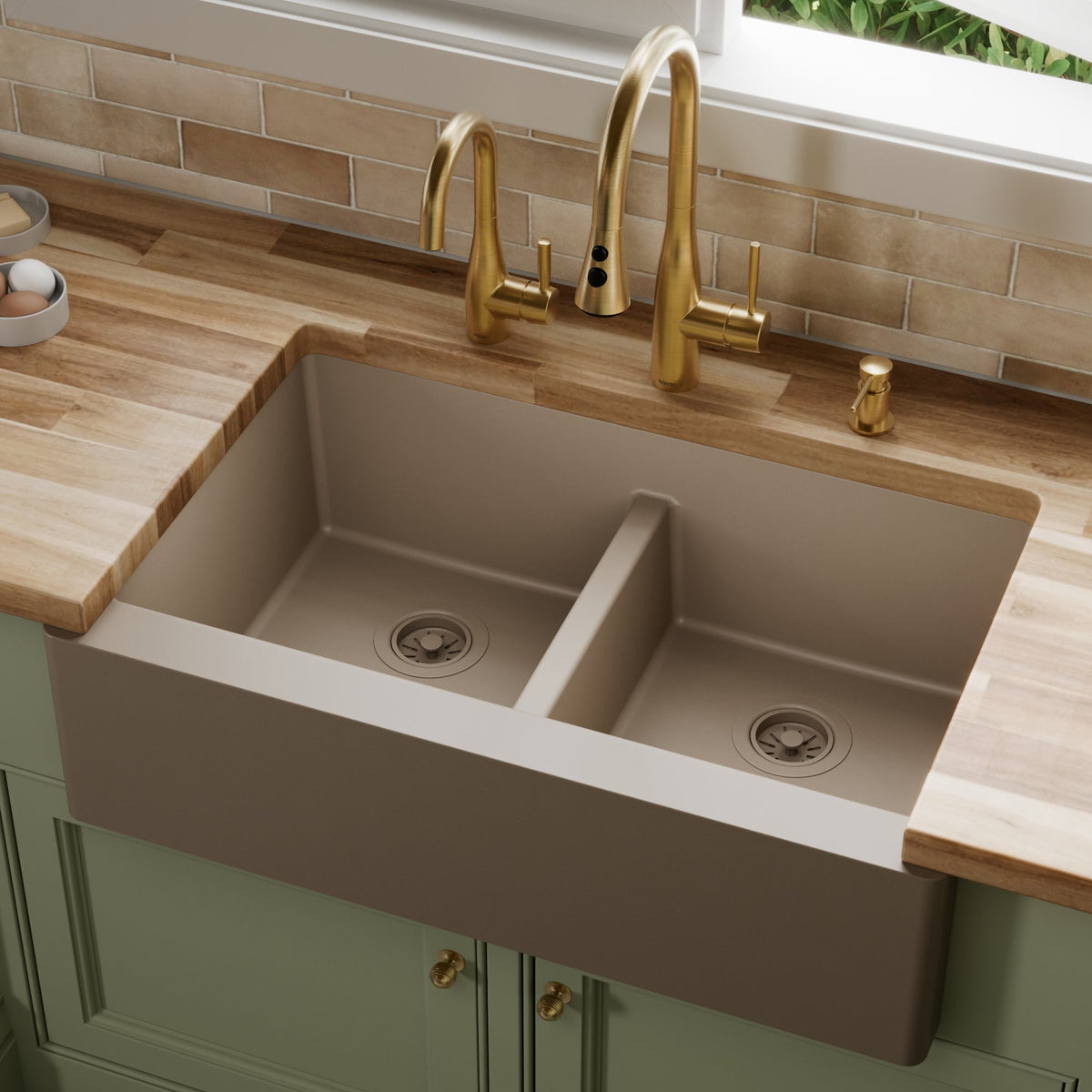 Concrete Double Equal Bowl Farmhouse Sink 34"