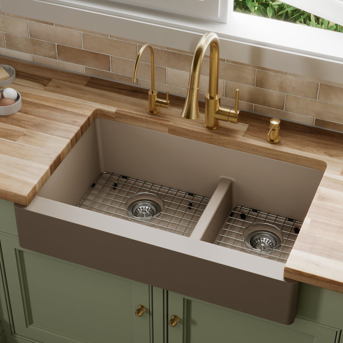 Concrete Retrofit Large/Small Bowl Farmhouse Sink 34"