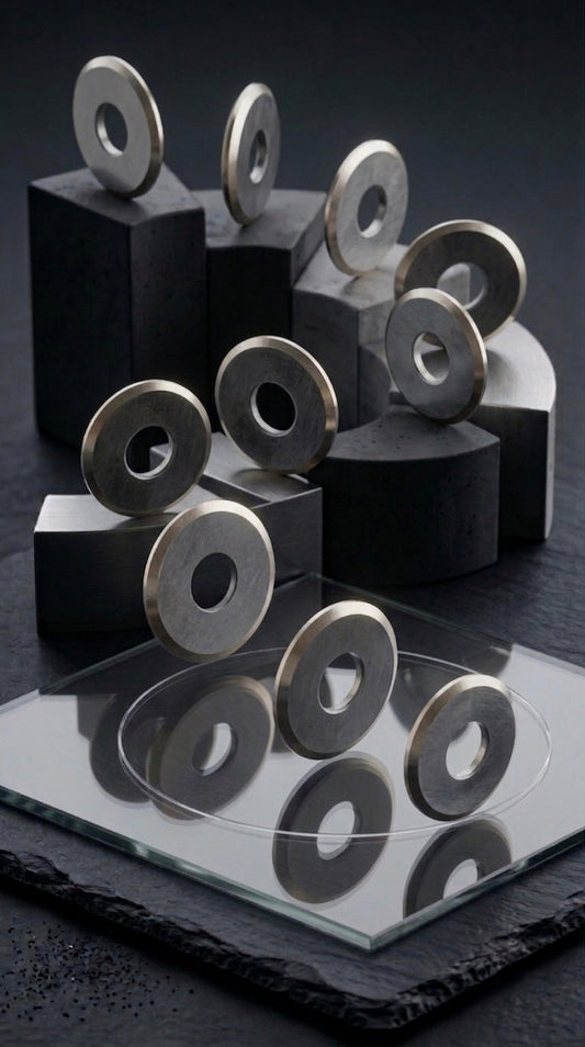 Metallic scoring wheels on black and gray blocks with a reflective surface