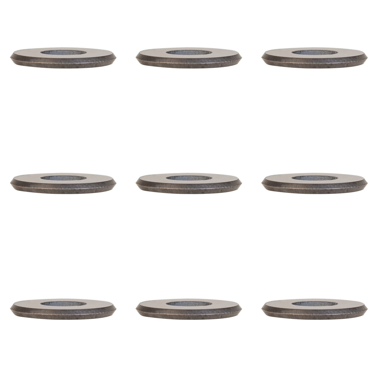 Set of eight metallic circular scoring wheels on a white background