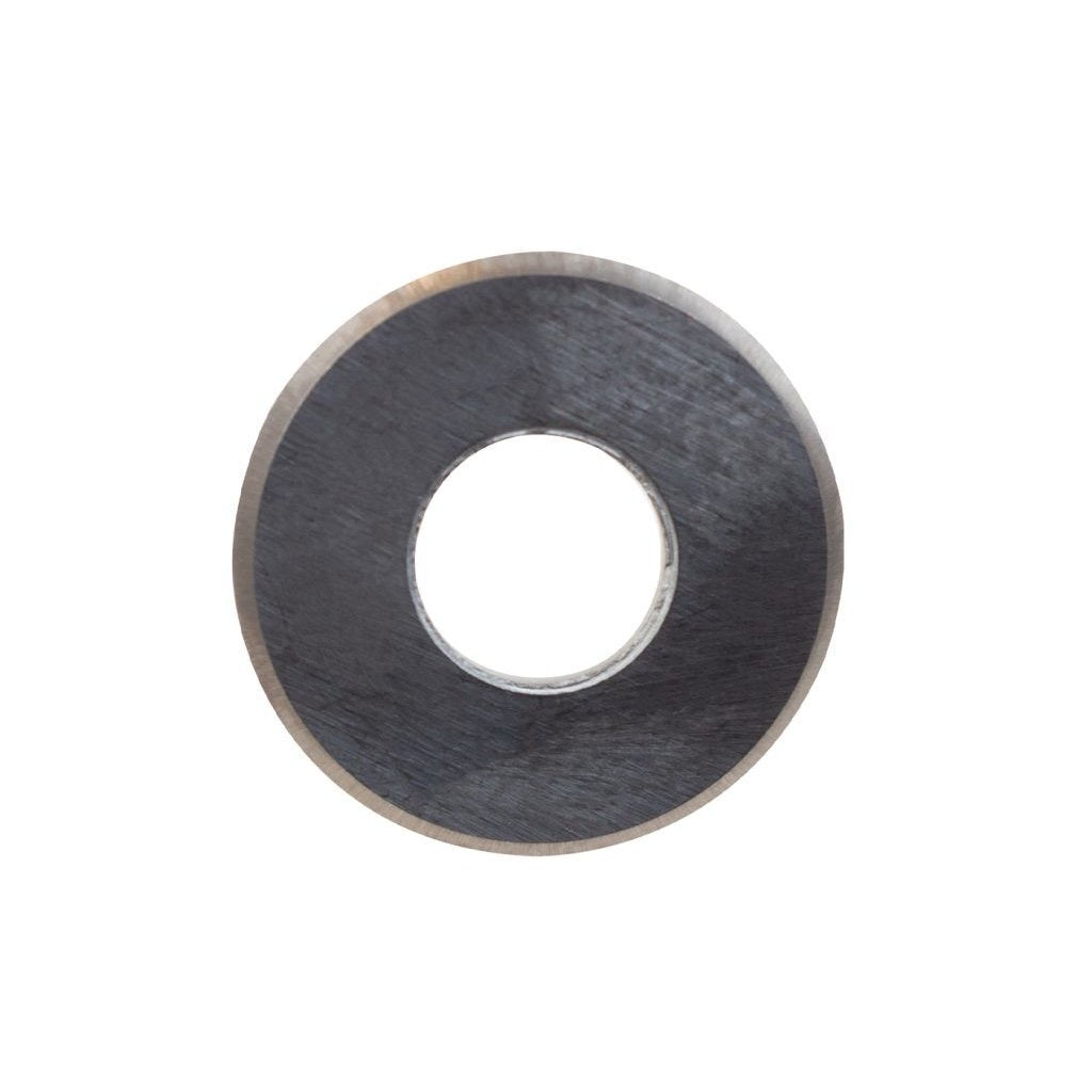 Round metallic scoring wheel on a white background