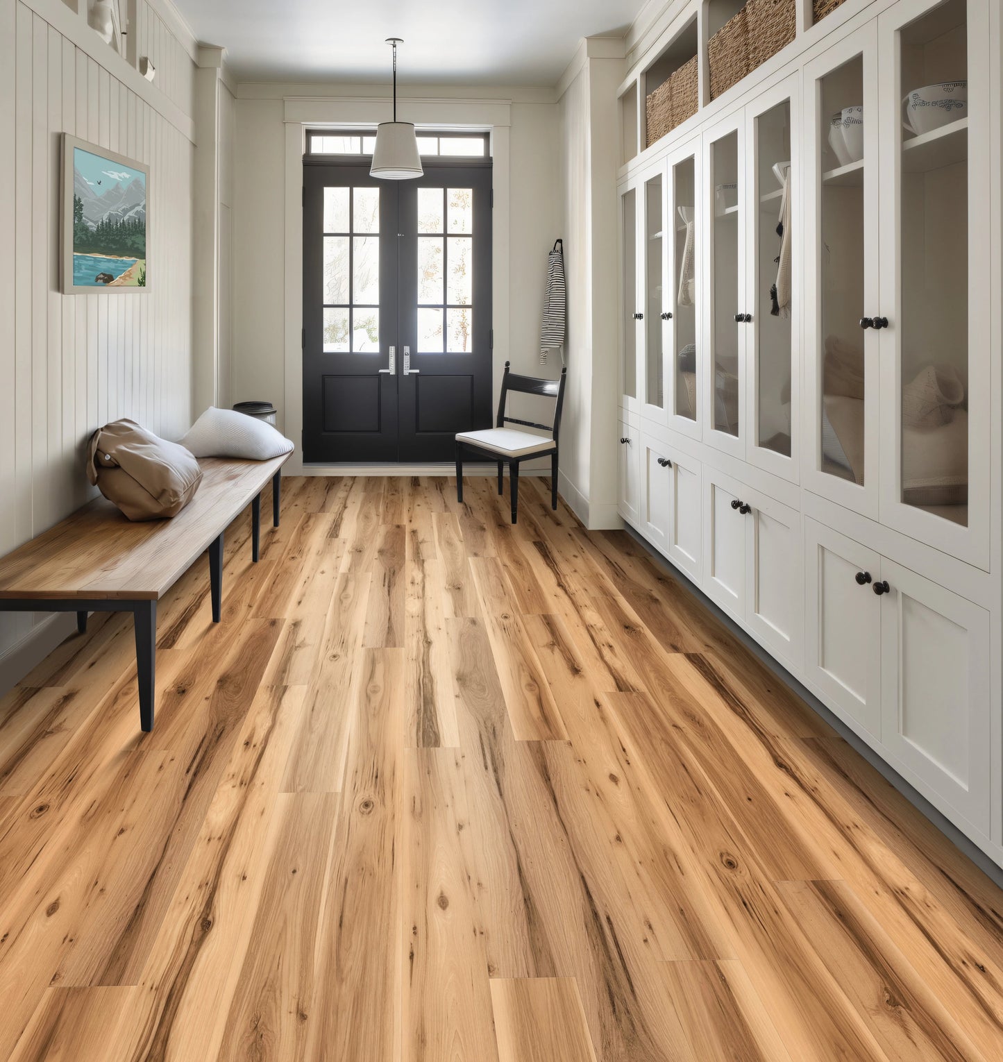 Hallway with wooden flooring, white walls, and a bench.