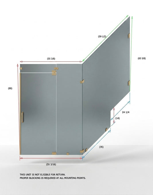 A dimensional diagram of a sliding glass door and wall system, showing measurements in inches with red and blue dimension lines on a white background.