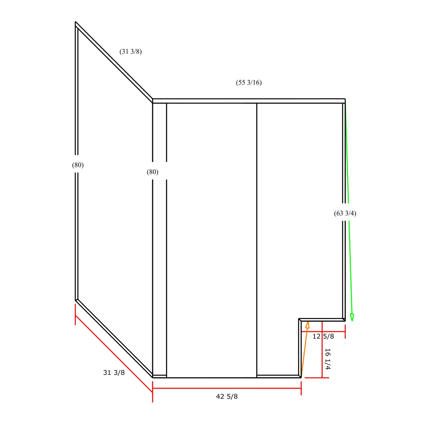 Technical drawing of a rectangular frame with dimensions labeled