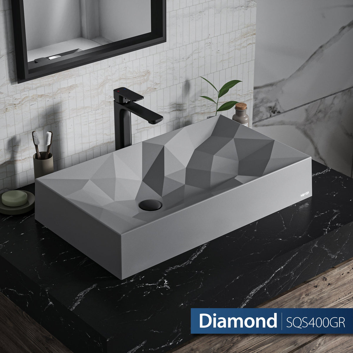 Grey Diamond Quartz Vessel Vanity Sink 28-1/8"