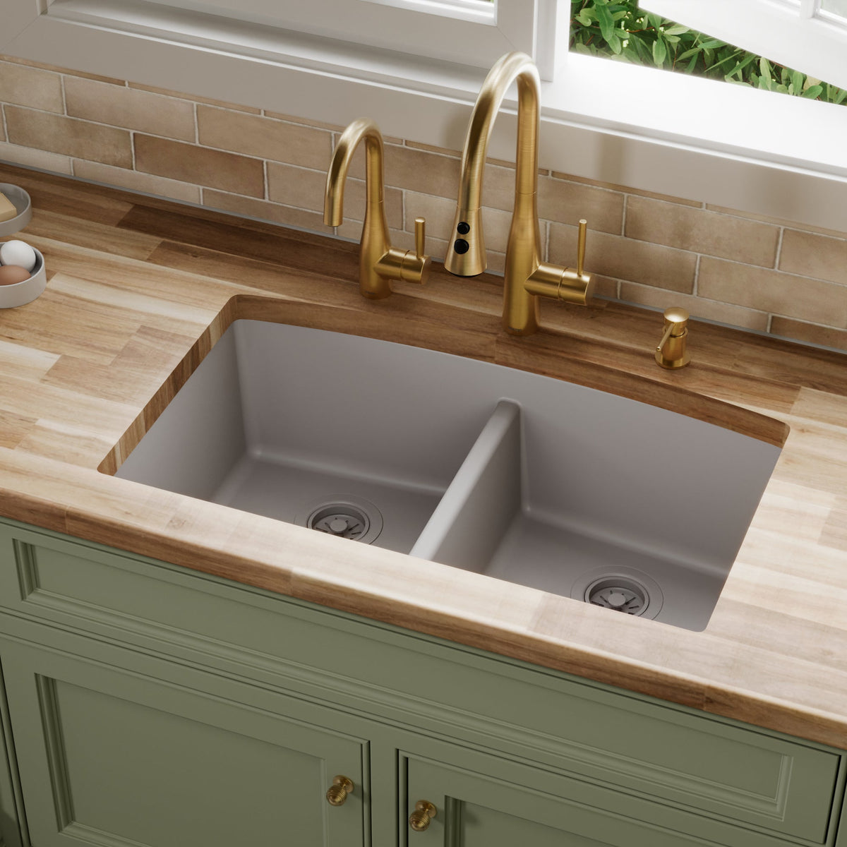 Grey Double Equal Bowl Undermount Sink 32-1/2"