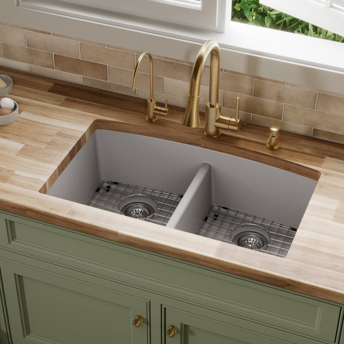 Grey Double Equal Bowl Undermount Sink 32-1/2"