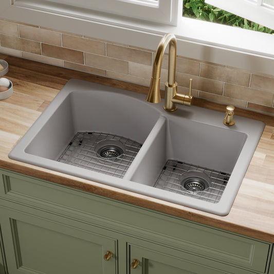 Grey Large/Small Bowl Top Mount Sink 33"