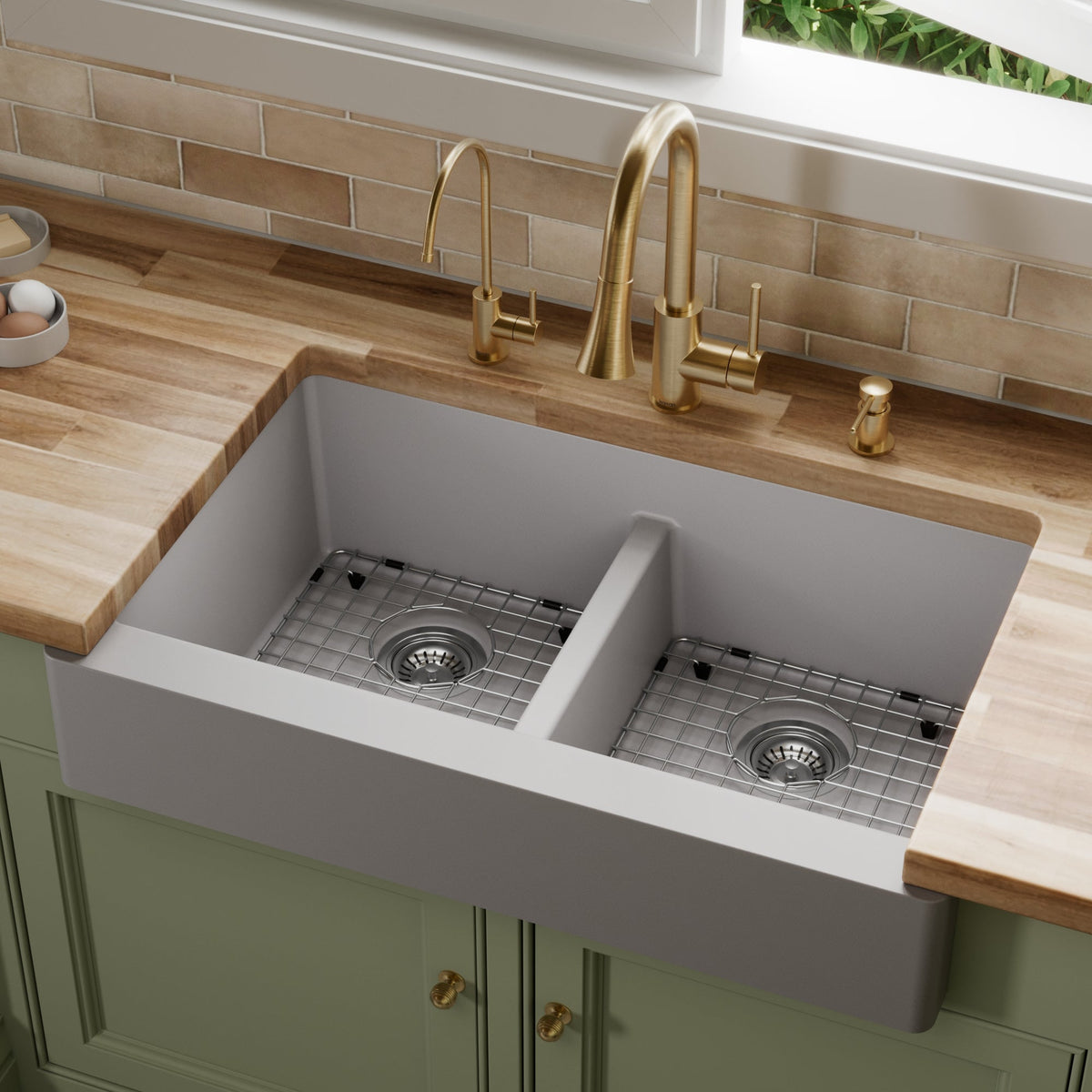 Grey Retrofit Double Equal Bowl Farmhouse Sink 34"