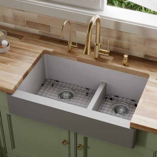 Grey Retrofit Large/Small Bowl Farmhouse Sink 34"