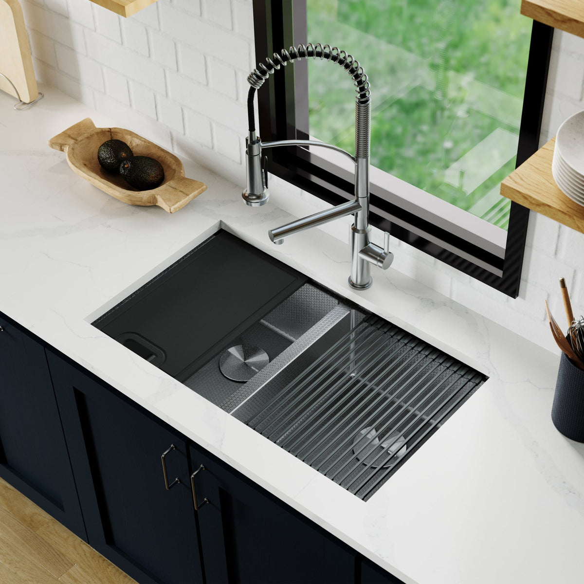 Gunmetal Grey Double Bowl Undermount Workstation Sink 32"