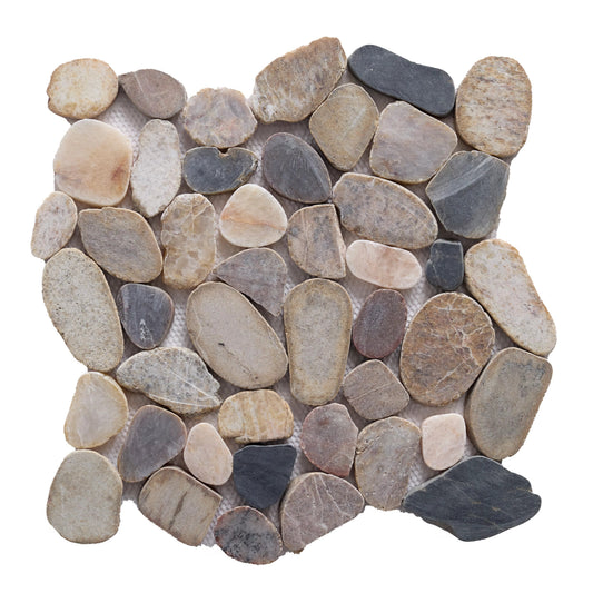 Square tile made of natural stone pebbles on a white background