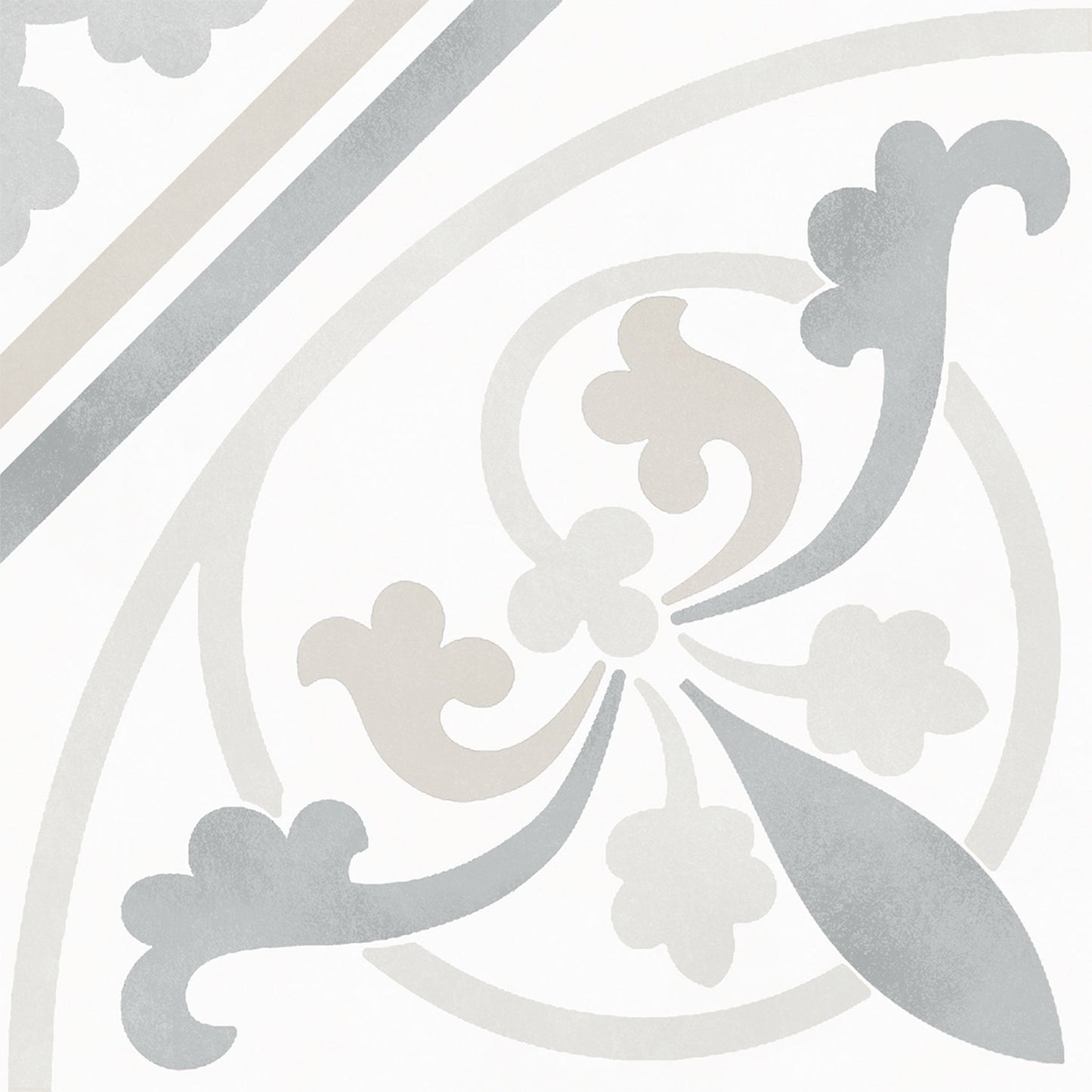 Decorative tile with intricate patterns in gray and white on a light gray background