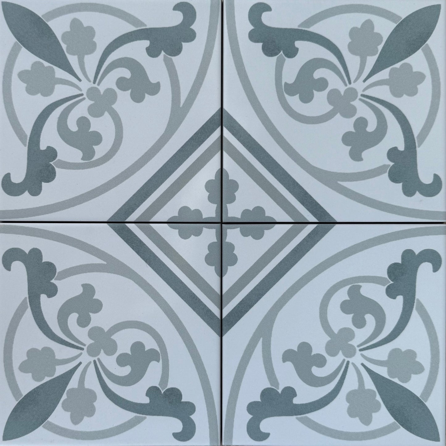 Decorative tiles with floral patterns on a gray background