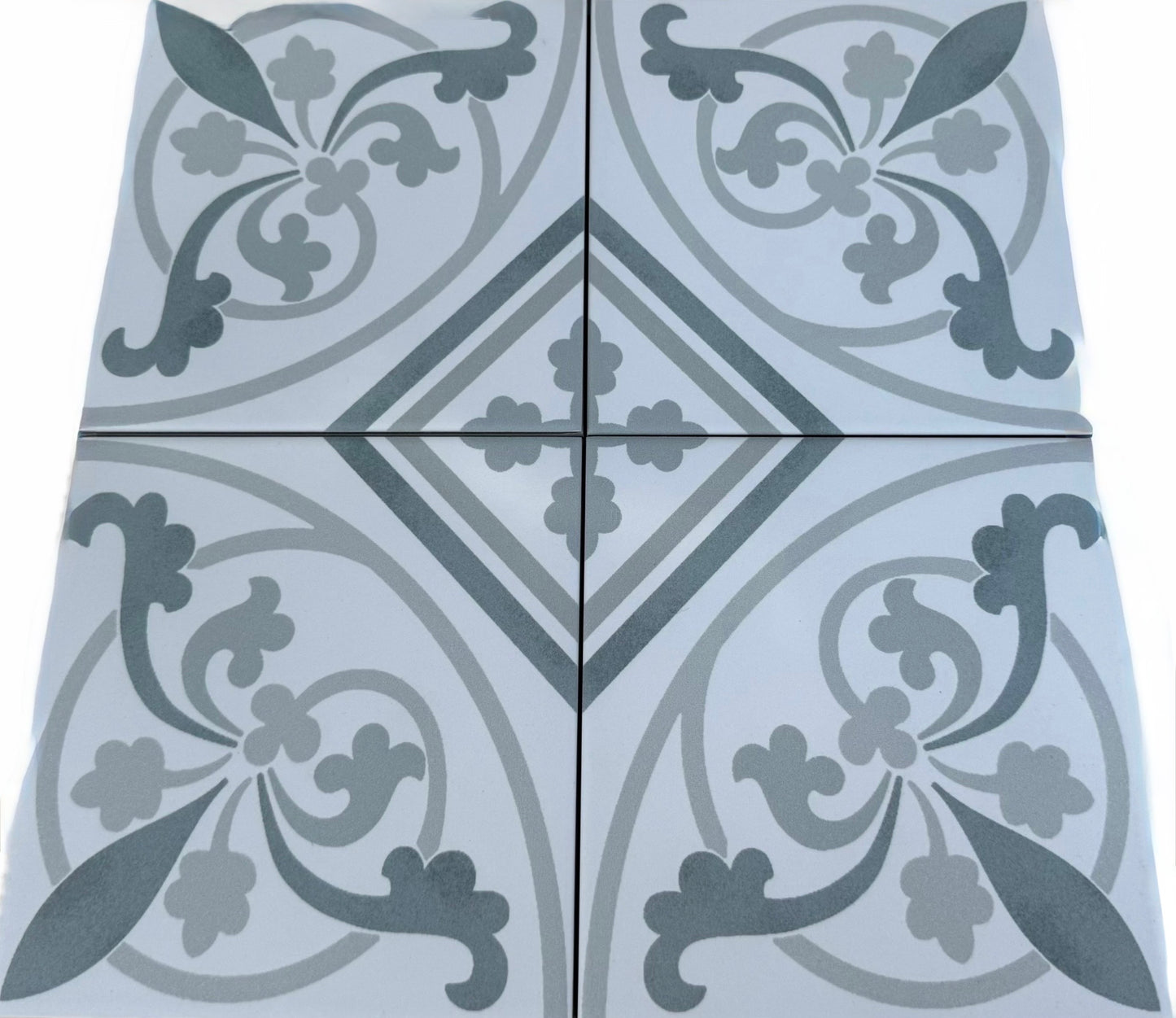 Decorative tiles with floral patterns on a light blue background
