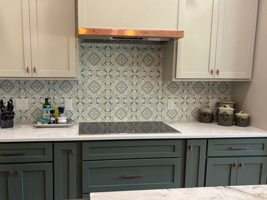 Modern kitchen with patterned backsplash and white countertops